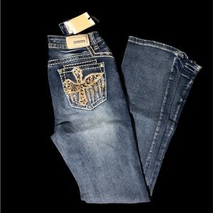 Sexy couture blue high waisted boot cut jeans Y2K rhinestones cross wings 2000s